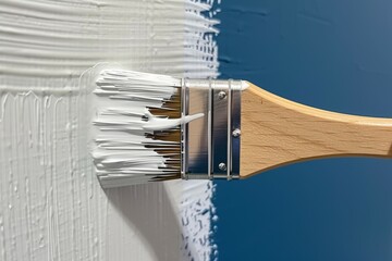 Wall Mural - A paintbrush is being used to paint wall with white paint