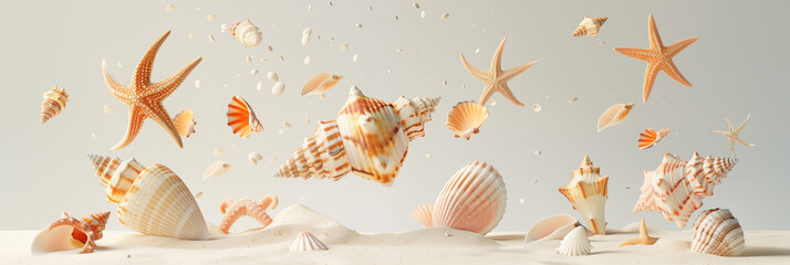 Wall Mural - Levitating seashell and starfish in warm light with dynamic motion and sand particles banner. Panoramic web header. Wide screen wallpaper