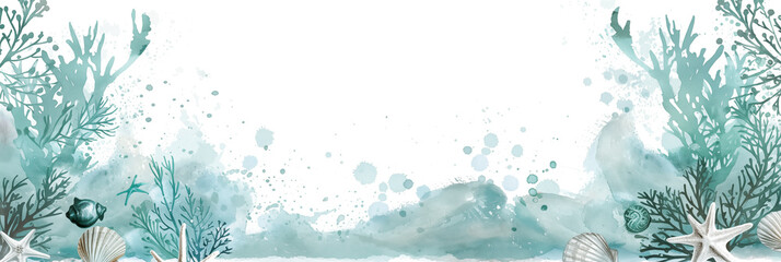 Wall Mural - Abstract marine themed background banner with seashells and coral. Panoramic web header. Wide screen wallpaper with copy space
