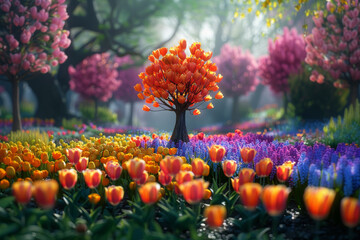 Wall Mural - a tulip tree in a woodland garden of flowers