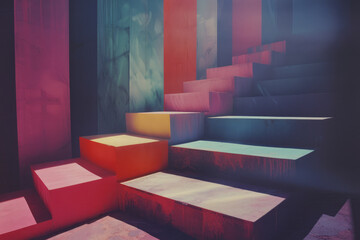 Poster - Illustration featuring large blocks of gradient colors that transition from light to dark, creating a sense of depth,
