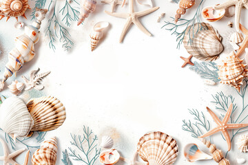 Wall Mural - Marine frame with starfish, seashells and coral in various colors