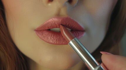 Sticker - A woman is applying lipstick with a lip brush