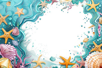 Wall Mural - Underwater marine frame with starfish and seashells swirling around white background with copy space