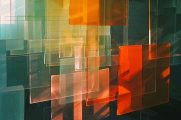 Aufkleber - Composition of transparent rectangles stacked and shifted, creating a 3D effect with light and shadow play,