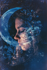 Poster - Illustration using layered crescents in different transparencies, creating a moonlit, ethereal visual effect,