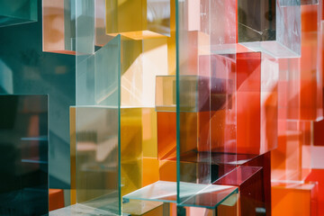 Aufkleber - Composition of transparent trapezoids arranged in a staggered pattern, creating a sense of depth and dimension,