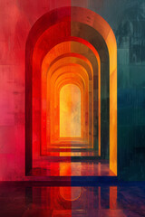 Poster - Artistic rendering of overlapping arches in gradient colors, forming a rainbow-like effect with varying opacities,