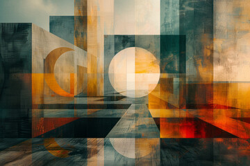 Aufkleber - Abstract illustration featuring layered squares and circles, their transparencies blending to create intricate intersections,
