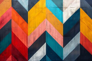 Poster - Design with overlapping chevrons in bold colors, their varying transparencies creating a dynamic, zigzag pattern,