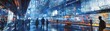 © Rattanathip - Futuristic cityscape with neon lights and bustling streets, filled with silhouettes of people and advanced technology at night.
