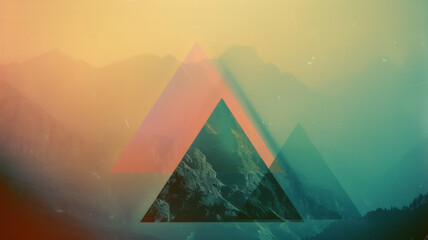 Leinwandbilder - Minimalist design with layered triangles in gradient hues, forming a mountain-like, transparent landscape,