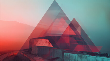 Leinwandbilder - Minimalist design with layered triangles in gradient hues, forming a mountain-like, transparent landscape,