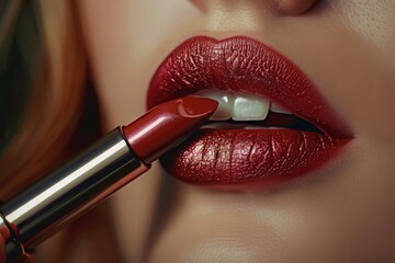 Sticker - A woman is applying lipstick with a red lip gloss