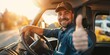 © gunzexx png and bg - A cheerful truck driver is giving a thumbs up from his cab, suggesting a sense of satisfaction with his work