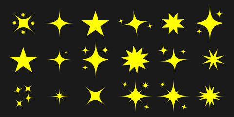 Wall Mural - Twinkling stars. Sparkle star icons. Minimalist silhouette stars icon, twinkle star shape symbols. Modern geometric elements, shining star icons, abstract sparkle yellow symbol vector set, eps10