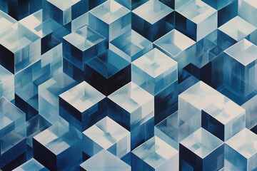 Wall Mural - Illustration featuring a pattern of isometric cubes in shades of blue and grey, creating a sleek and modern background,