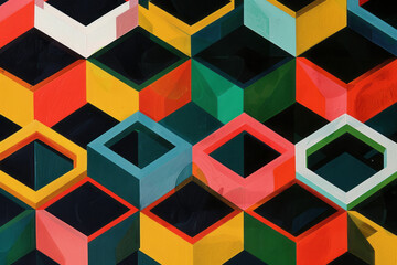 Leinwandbilder - Illustration with isometric hexagons in bright, bold colors, forming a striking and contemporary pattern,