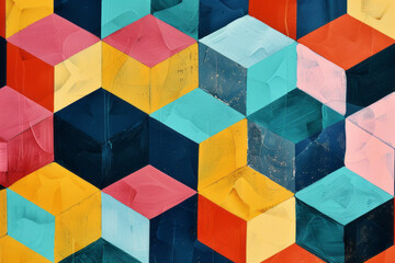 Leinwandbilder - Illustration with isometric hexagons in bright, bold colors, forming a striking and contemporary pattern,