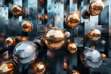 Wall Mural - Artistic rendering of isometric spheres and cubes in metallic shades, forming a modern and luxurious background,