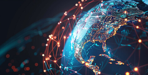 global network hub, america-centric digital world globe, signifying high-speed data transfer, cyber 