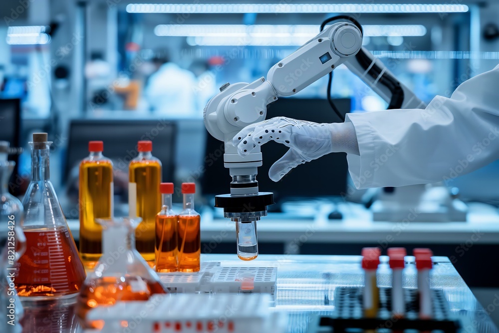 A robot is working in a lab with many bottles and beakers. The robot is ...