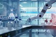 © SKW - A robot is working in a lab with many bottles and vials. The robot is moving a bottle of liquid from one shelf to another