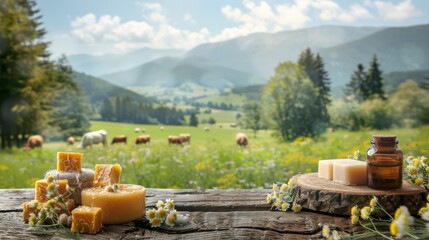Wall Mural - a wooden table with jars of honey and other items