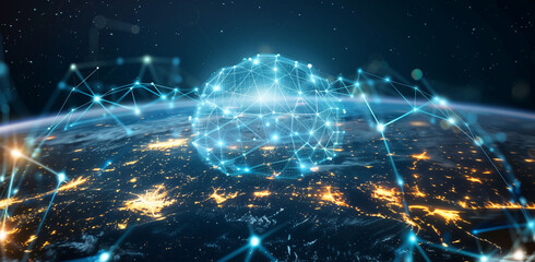 Interconnected cyber cells, quantum computing network system, and electronic global data connection in an abstract tech backdrop