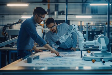 Two men are working on a robot in a factory. One of them is pointing at something on the robot