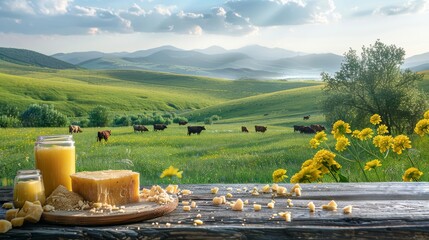 Wall Mural - a wooden table with jars of honey and other items