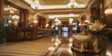 Close-up view of a golden service bell on a glossy wooden reception desk with lit chandeliers in the background