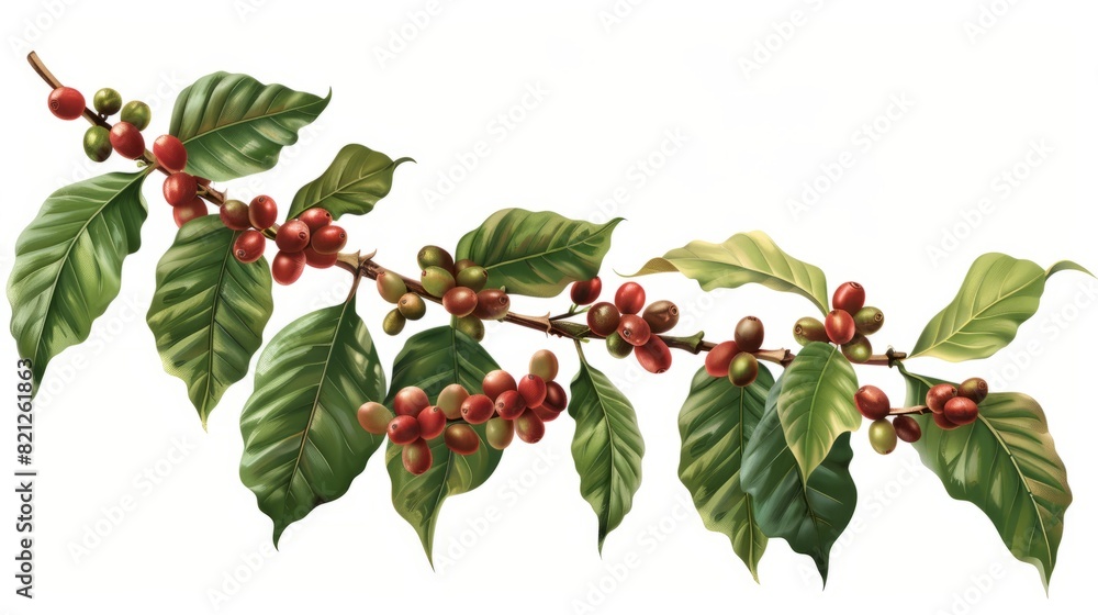 Coffee tree branch with green leaves and unripe coffee fruits or coffee ...