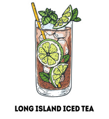 Long island iced tea cocktail illustration. Hand drawn sketch. Vector illustration. Isolated object.