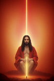 Fototapeta Zwierzęta - Glowing Jesus in red cloak against orange sky