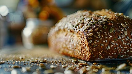 whole seed bread loaf with grains of sunflower, pumpkins and chia.