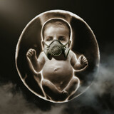 Fototapeta Zwierzęta - Infant in a gas mask: a symbol of hope in a dangerous world