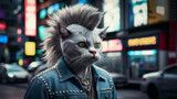 Fototapeta Zwierzęta - Punk cat with shaggy hairdo and stylish denim jacket on city street