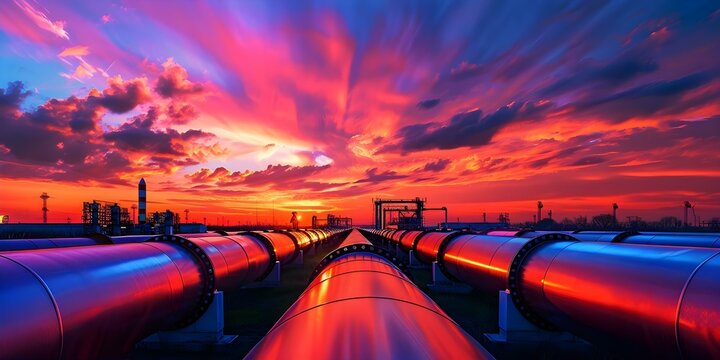 Sunset view of industrial pipelines showcasing modern energy infrastructure against vibrant sky. Concept Industrial Photography, Sunset Views, Energy Infrastructure, Vibrant Sky, Modern Architecture