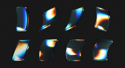 Wall Mural - 3d deform glass crystal liquid figure set with rainbow reflection light isolated on dark background.