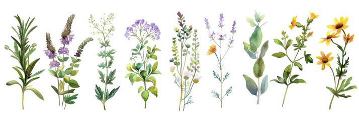Wall Mural - Whimsical Watercolor Herbs and Wildflowers on White Background Generative AI