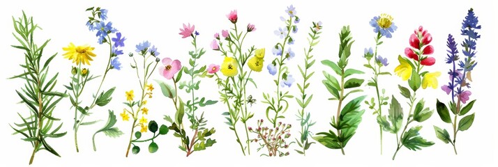 Wall Mural - Whimsical Watercolor Herbs and Wildflowers on White Background Generative AI
