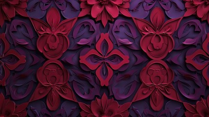 Wall Mural - 3d render of dark red and purple abstract seamless pattern with lace texture, paper cut style