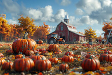 A Scene Of A Pumpkin Patch During Harvest Time, With People Picking Pumpkins And A Tractor In The Background, 3D Render