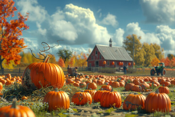 Wall Mural - A scene of a pumpkin patch during harvest time, with people picking pumpkins and a tractor in the background, 3D render