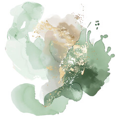 Wall Mural - watercolor element in sage green with fine gold elements. PNG