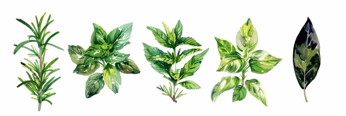 Wall Mural - Fresh Herbs in Watercolor Style for Cooking and Wellness Generative AI