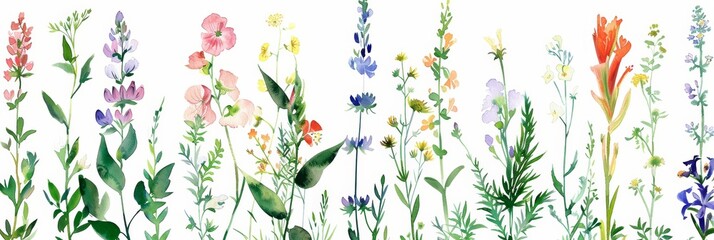 Wall Mural - Vibrant Watercolor Herbs and Flowers for Garden Designs Generative AI