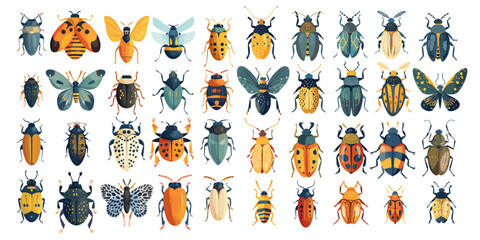 Wall Mural - Bugs beetles cartoon vector set. Scarabeus goliaf bombardier may dung rhinoceros colorado longhorned pollinators winged insects illustration isolated on white background