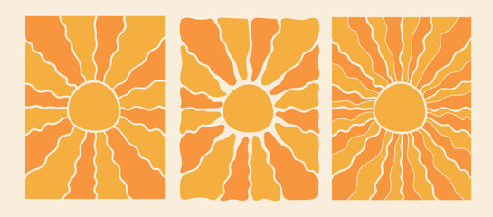 Wall Mural - retro groovy sun background set. abstract wave ray pattern in trendy 70s style. boho colorful groovy